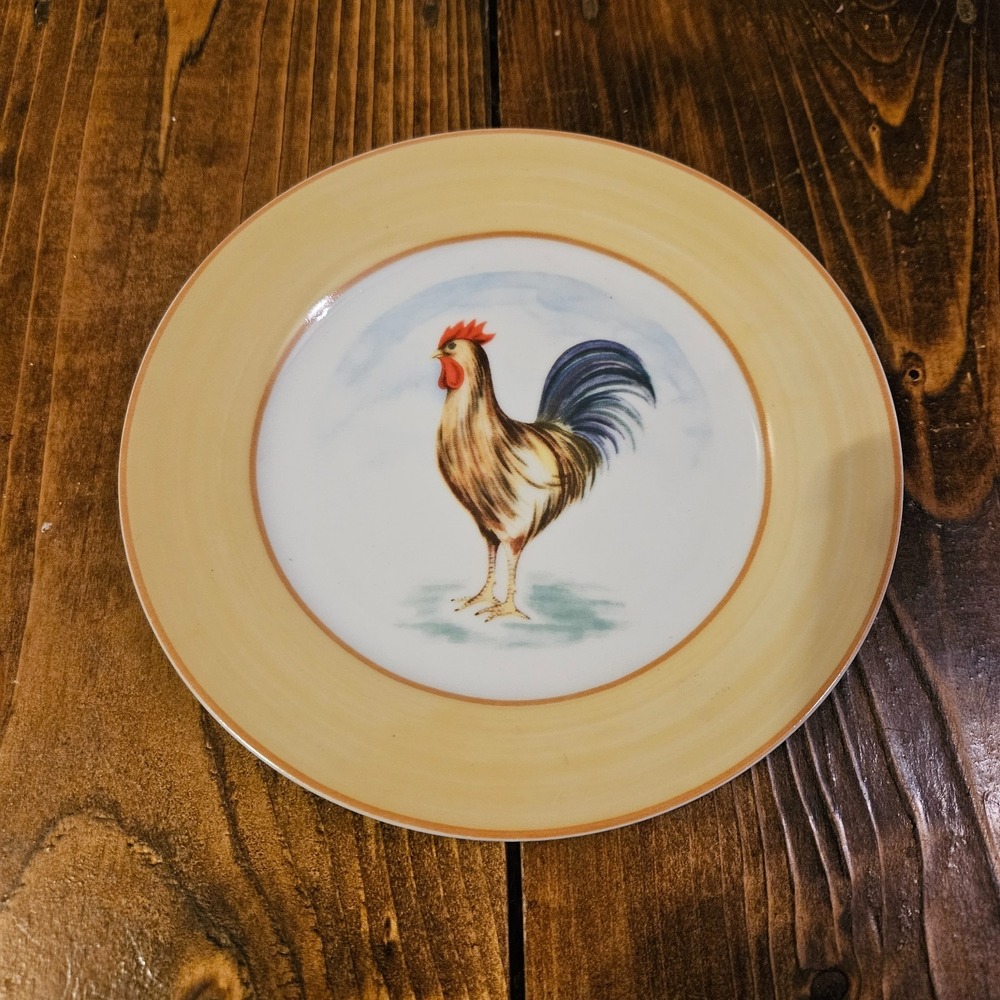 Vintage Godinger Rooster Dinner Plate Farmhouse Country Chicken Yellow‎ Rim